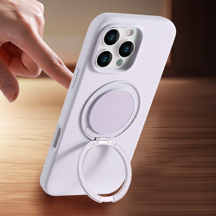 Liquid silicone phone case with 360° rotating holder and microfiber backing