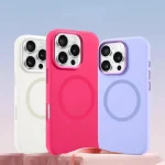 Variety of iphone 14 silicone phone case options: white, red, and purple silicone phone case iphone 14 with alloy lens frames and liquid-touch finish