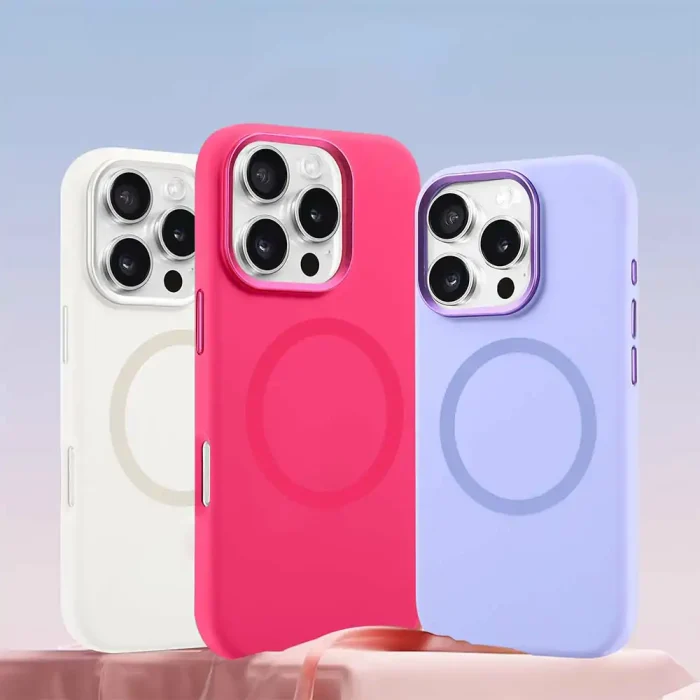 Variety of iphone 14 silicone phone case options: white, red, and purple silicone phone case iphone 14 with alloy lens frames and liquid-touch finish