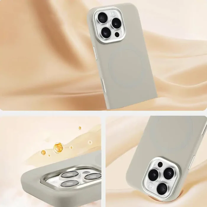 Close-up detail of a silicone phone case iphone 14 showing liquid silicone texture and alloy buttons & lens frame on iphone 14 silicone phone case
