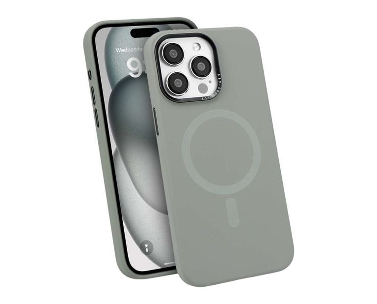 Silicone phone case for iPhone with MagSafe compatibility, shown in green color